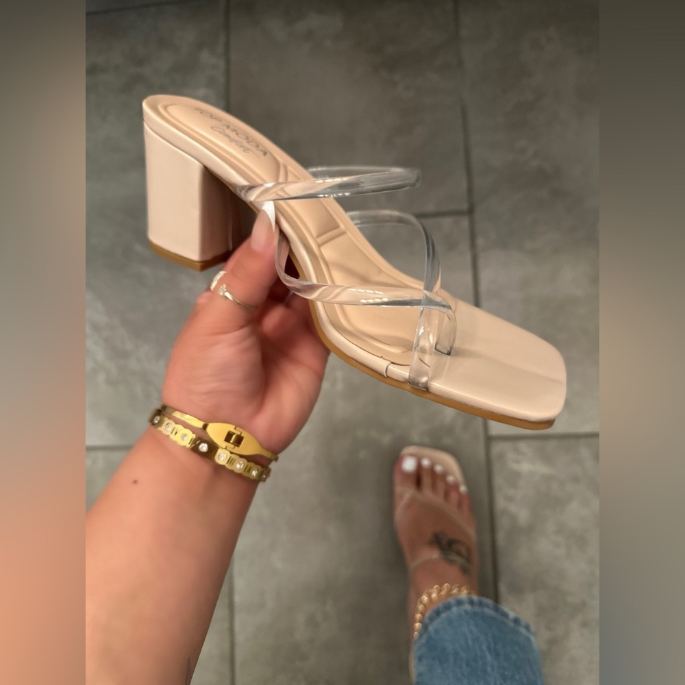 NEW!! Women's Toe Ring Nude Clear Strap Block Heel Sandals